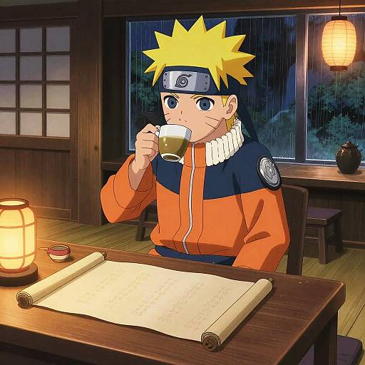 Anime Character Drinking Tea in Cozy Japanese Hut