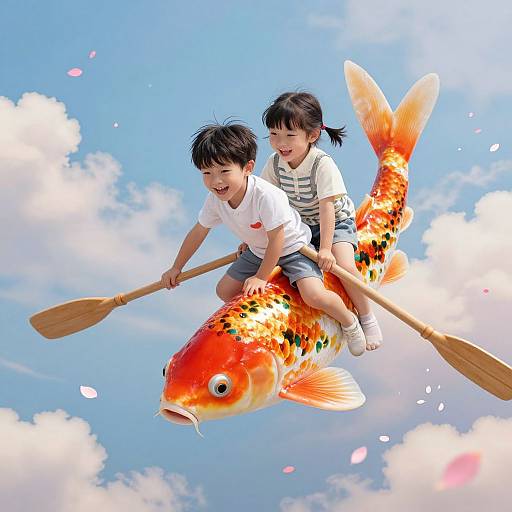 Photograph of an Asian boy and girl riding a large, vibrant orange koi fish with black spots, flying through a bright blue sky with white clouds