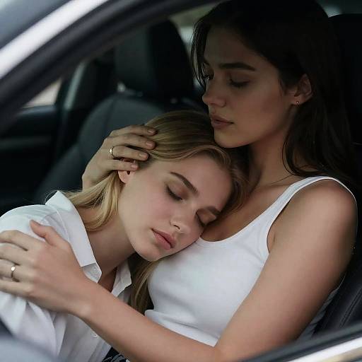 Two Women Embracing in Car