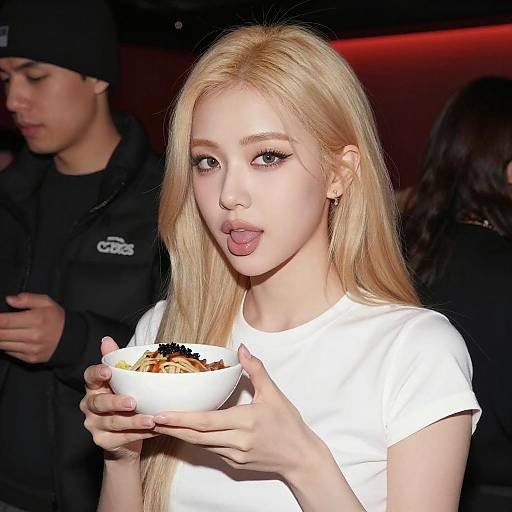 Blonde Woman Licking Lips Holding Bowl