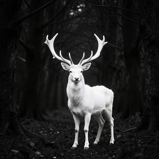 Photograph of a glowing white stag with large antlers standing in a dark, dense forest, creating a striking contrast.