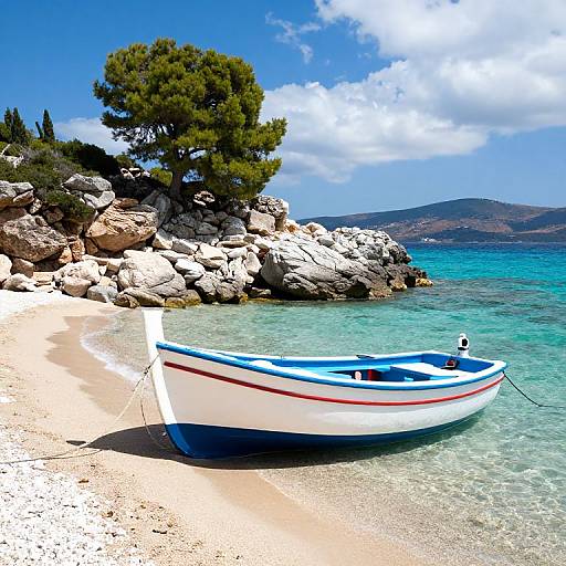 Vibrant Greek Beach with Fishing Boat