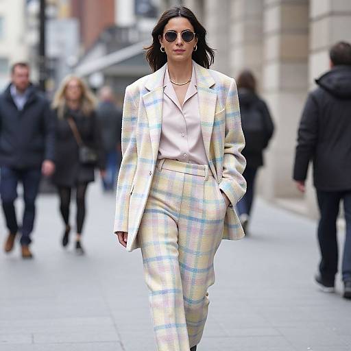 Photograph of a confident woman in a pastel plaid suit, white blouse, and round sunglasses, walking a city street with blurred pedestrians in the