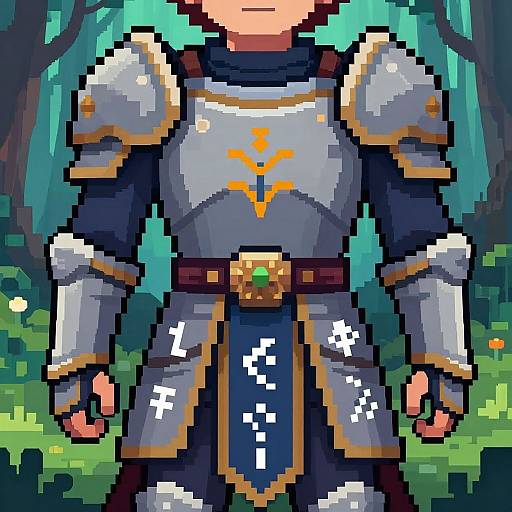 Pixel art of a knight in silver armor with orange emblem, blue sash, and white crosses, standing in a forest.