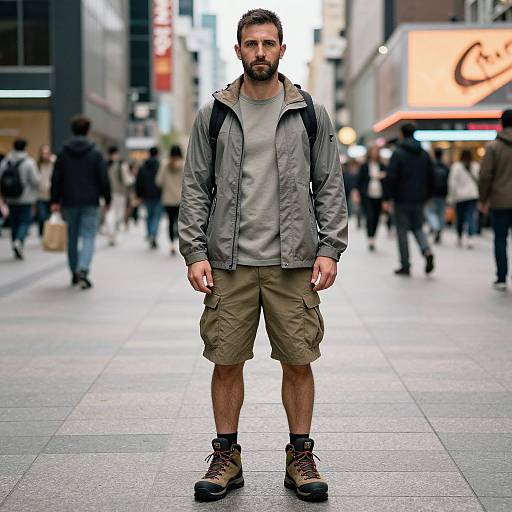 Photograph of a bearded man with short brown hair, wearing a gray jacket, beige shorts, and brown boots, standing in a bustling city street