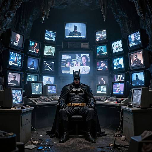 Photograph of Batman sitting in a dimly lit, cluttered control room surrounded by multiple monitors displaying various crime scenes and footage.