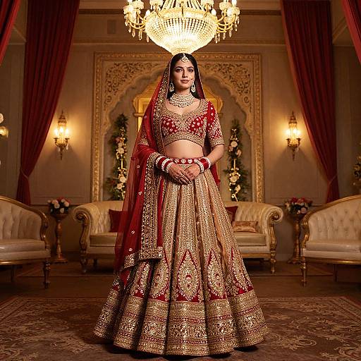 Photograph of a bride in an ornate red and gold traditional Indian wedding outfit, standing in an opulent room with a chandelier, red curtains