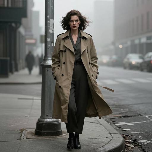 Photograph of a dark-haired woman in a long beige trench coat, black blouse, and pants, standing on a foggy city street. Urban background