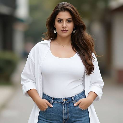 Photograph of a confident South Asian woman with long brown hair, wearing a white top, white cardigan, and blue jeans, standing outdoors with hands