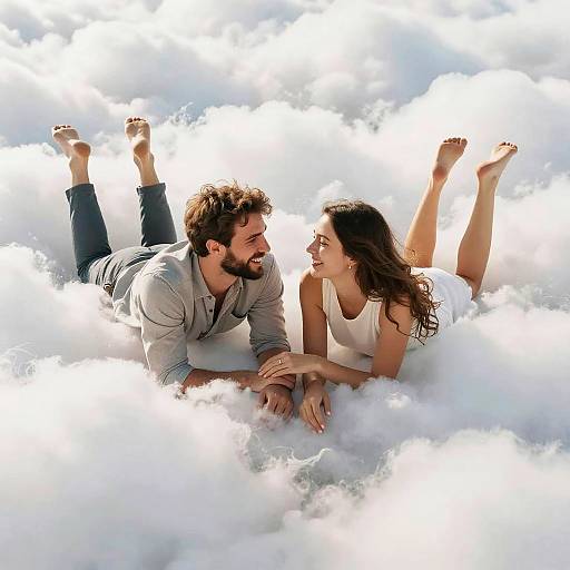Photograph of a smiling bearded man and woman with wavy brown hair lying on their stomachs in a fluffy white cloud, legs raised, facing