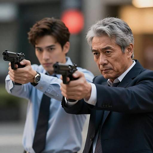 Dynamic Close-Up of Two Men with Guns