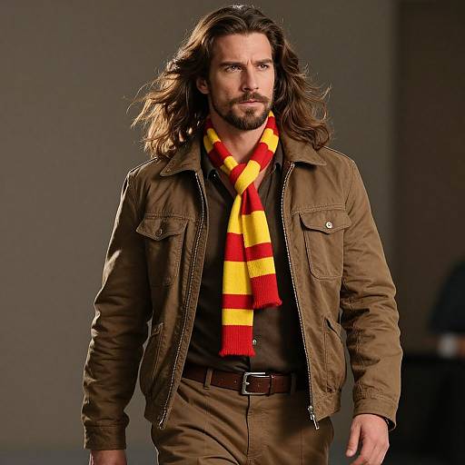 Photograph of a handsome man with long brown hair and a beard, wearing a brown jacket, black shirt, and red-yellow striped scarf, walking confidently