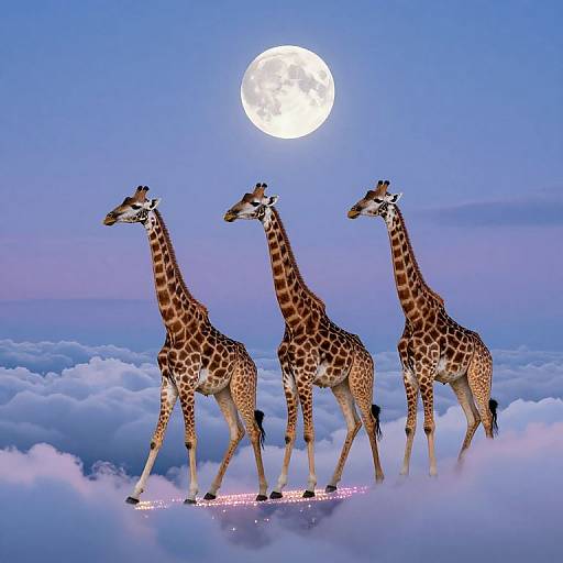 Photograph-like digital art of three giraffes standing on a glowing circular platform above clouds, under a bright full moon.