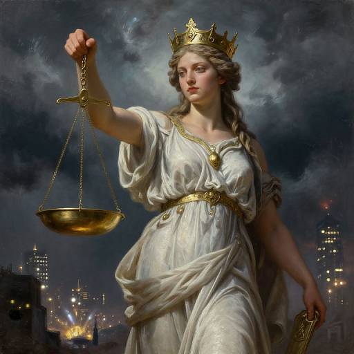 Digital painting of a fair-skinned, crowned woman in white, holding a golden balance scale, against a dark, cloudy night sky with city lights.