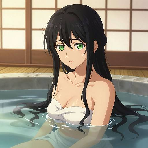 Anime-style digital drawing of a green-eyed, black-haired woman with long hair, wearing a white strapless top, sitting in a wooden-floor hot tub