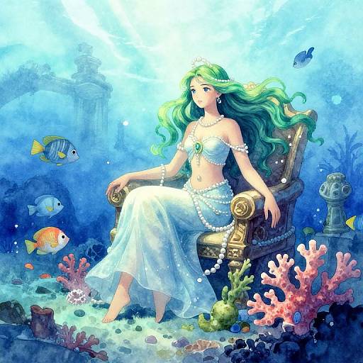 Digital painting of a mermaid with long green hair, wearing a white bikini and skirt, seated on a throne under the ocean, surrounded by colorful coral