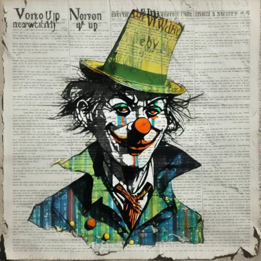 Surrealist Whimsical Clown on Torn Newspaper