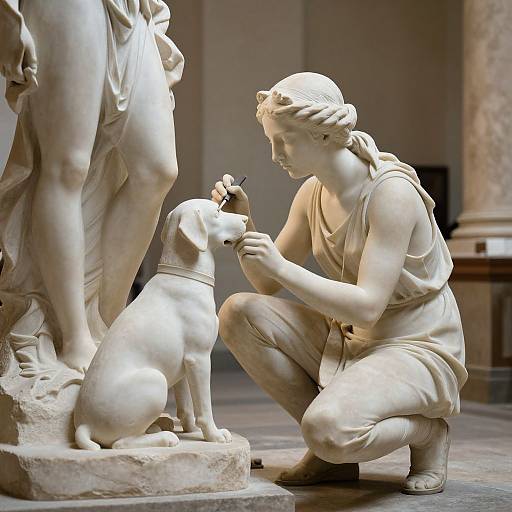 Photograph of a white marble sculpture depicting a kneeling woman gently grooming a sitting dog, with another partially visible figure.