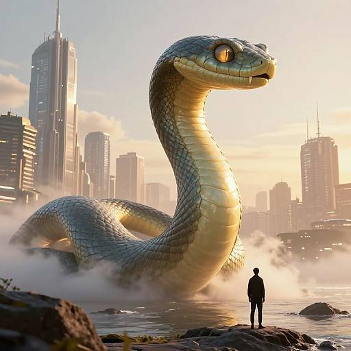 Photorealistic digital artwork: Giant snake with yellow-green scales and orange eyes towers over a man standing on rocks in a misty urban waterfront at sunset