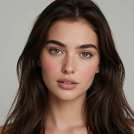 Photograph of a young woman with fair skin, green eyes, dark brown wavy hair, and subtle pink blush, looking directly at the camera against