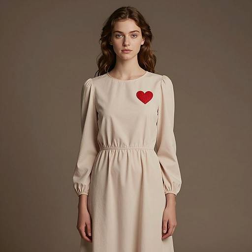 Woman in Beige Dress with Red Heart Embroidery