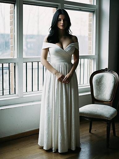 Photograph of a woman with long black hair, wearing an off-shoulder, white, floor-length gown, standing in a sunlit room by