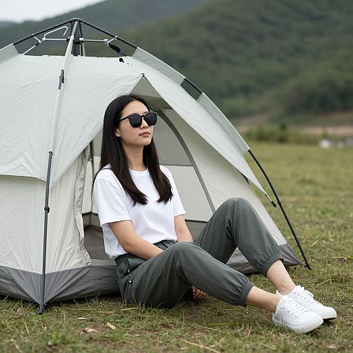 Woman Relaxing Beside Tent