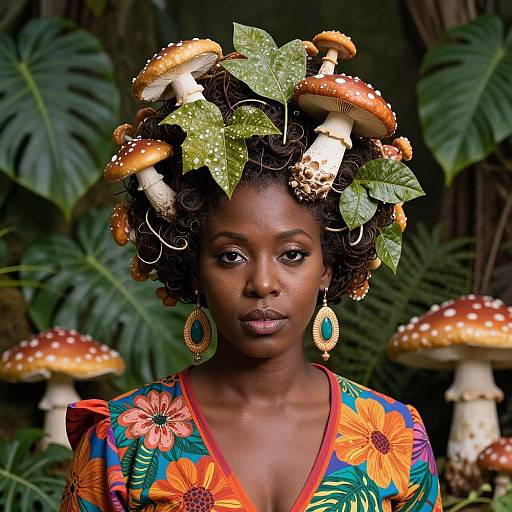 Photograph of a dark-skinned woman with curly hair adorned with mushrooms and green leaves, wearing a colorful floral dress and turquoise earrings, standing in a