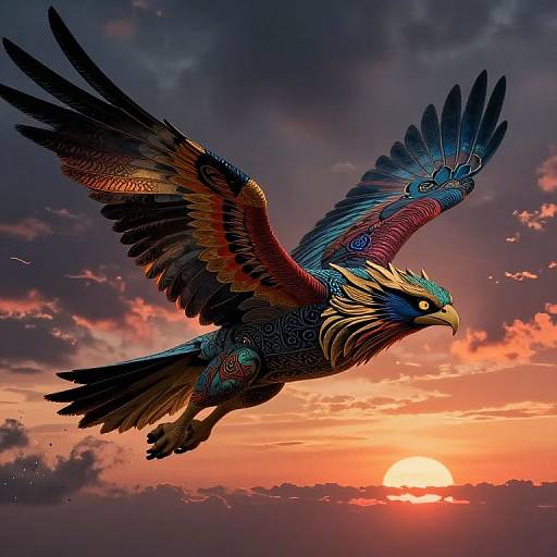 Digital art of a vibrant, mythical bird with intricate blue, red, and gold feathers soaring against a dramatic sunset sky.