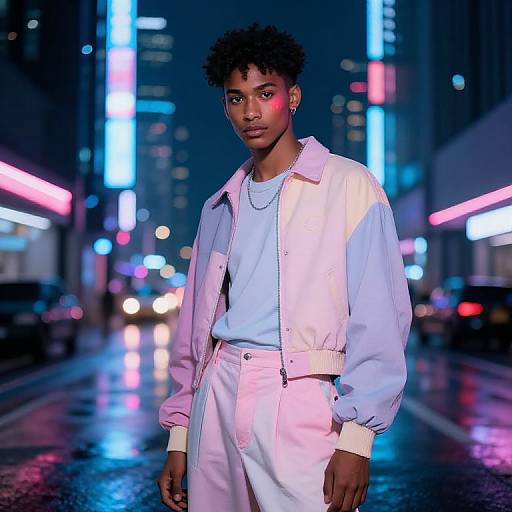 Photograph of a young Black man with short curly hair, wearing a pastel pink and white jacket with matching pants, standing in a neon-lit