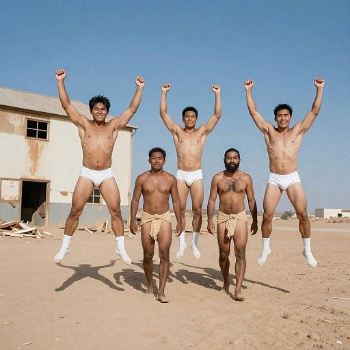 Indigenous Men in Desert Jumping and Walking