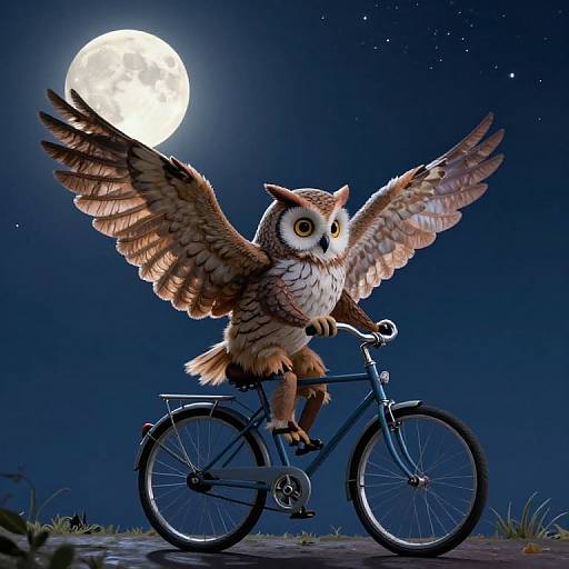 Whimsical Owl Riding Bicycle in Moonlight