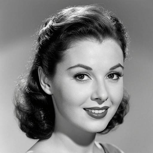 Black-and-white portrait photograph of a smiling woman with vintage 1940s-style curly hair, dark lipstick, and soft lighting.