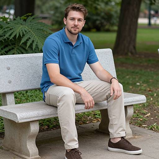 Photograph of a bearded man with short brown hair, wearing a blue polo shirt, beige pants, and brown sneakers, sitting on a white concrete