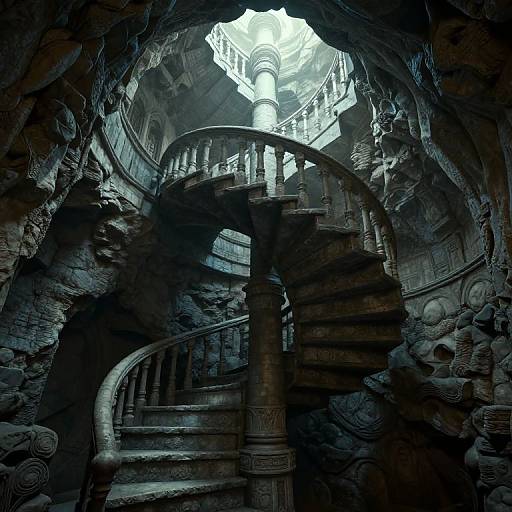Photograph of a dark, ancient, stone spiral staircase in a cavernous, gothic-style underground chamber with intricate carvings and a bright,