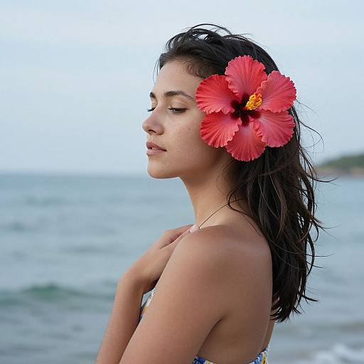 Photograph of a young woman with wet, dark hair, wearing a large red hibiscus flower in her hair, standing by the ocean,