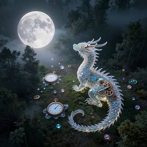 Digital fantasy artwork of a glowing, ethereal dragon with gears and clock faces, surrounded by bubbles, under a bright full moon in a misty forest