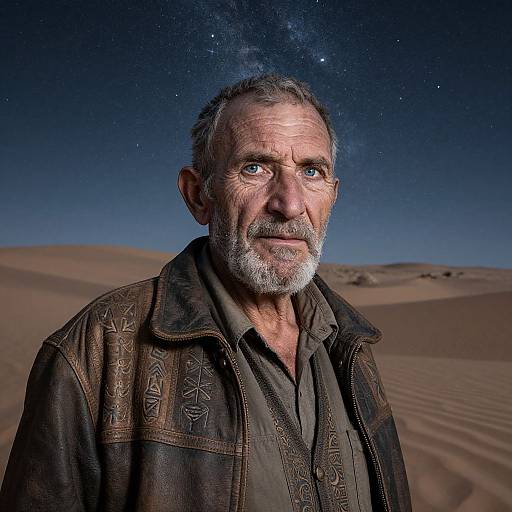 Photograph of an elderly man with gray beard and blue eyes, wearing a patterned brown jacket, standing in a starry desert night sky.