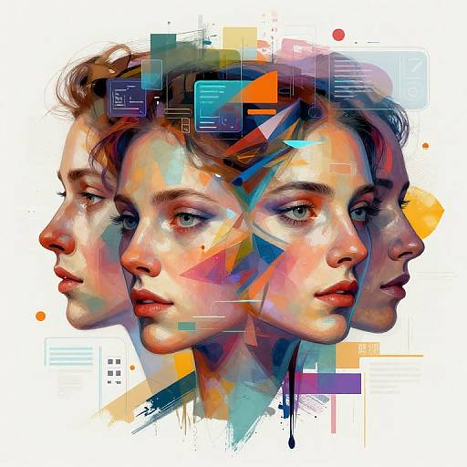 Digital art of three overlapping female faces with diverse skin tones, blue-green eyes, and wavy brown hair, surrounded by colorful geometric shapes and lines.