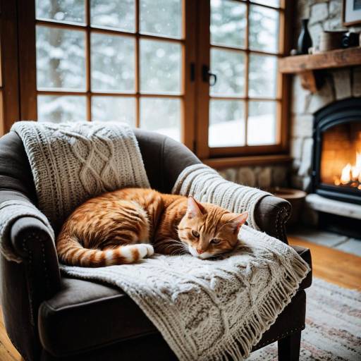 Cozy Cat by Fireplace in Snowy Cabin