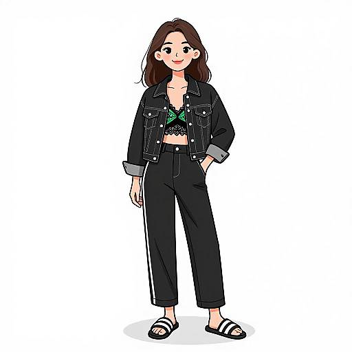 Digital illustration of a smiling young woman with brown hair, wearing a black jacket, green lace bralette, black pants, and black sandals.