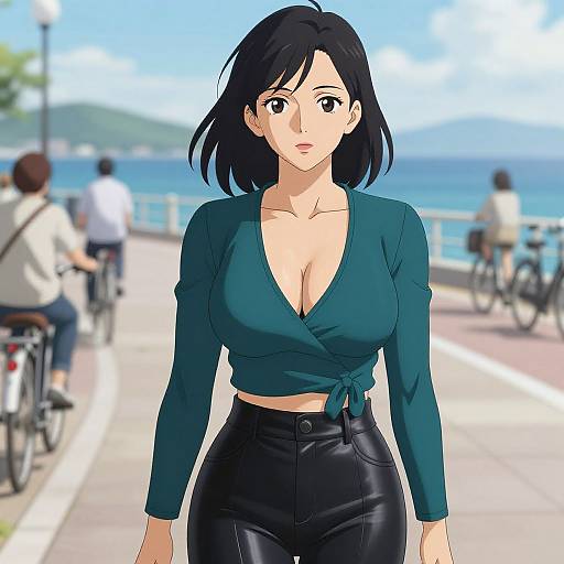 Anime-style digital illustration of a woman with black hair, green top with deep cleavage, and black leather pants, walking on a sunny seaside boardwalk