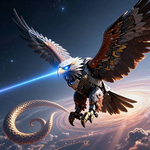Digital art: Cybernetic eagle with glowing blue eye and large wings, soaring through space with a long, serpentine tail, near a swirling