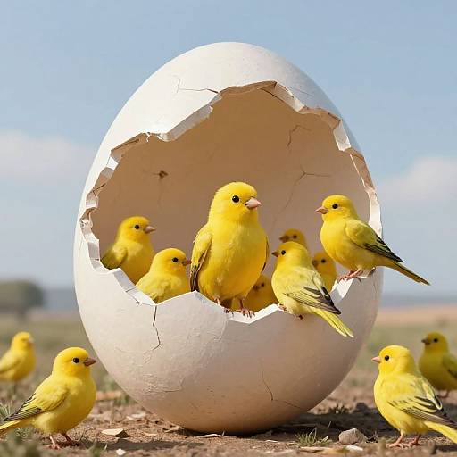Photograph of seven vibrant yellow finches inside a cracked white egg, set against a clear blue sky and grassy field background.