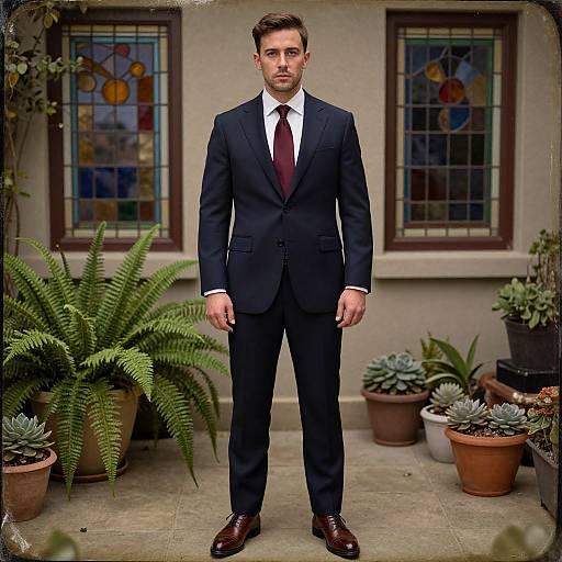 Photograph of a handsome, light-skinned man in a black suit, white shirt, and red tie, standing in a garden with potted plants