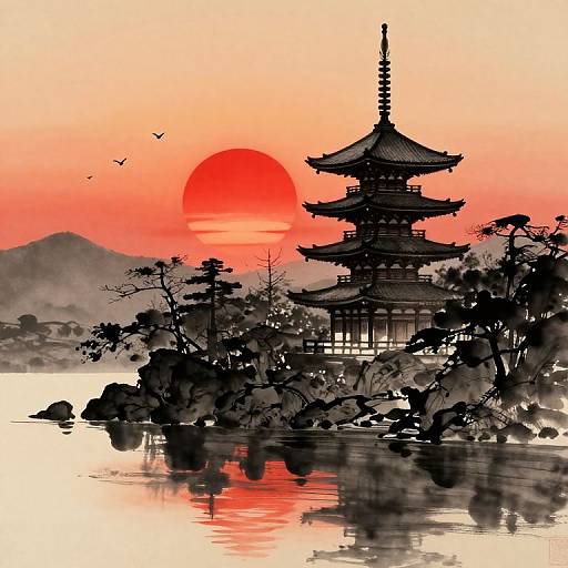 Silhouetted Japanese pagoda at sunset with a glowing red sun, calm water, and birds flying, surrounded by trees and rocks.