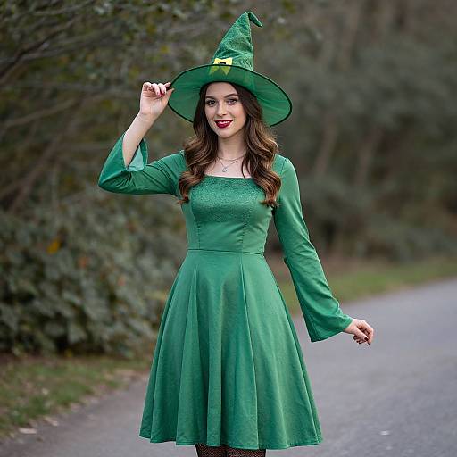 Photograph of a smiling woman in a green witch costume with a hat, long sleeves, and skirt, standing on a forest path.