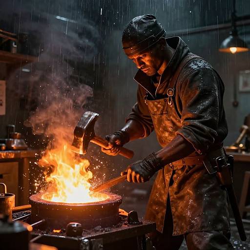 Photograph of a blacksmith in a dim, rainy workshop, wearing a wet apron and cap, hammering glowing hot metal in a fiery forge