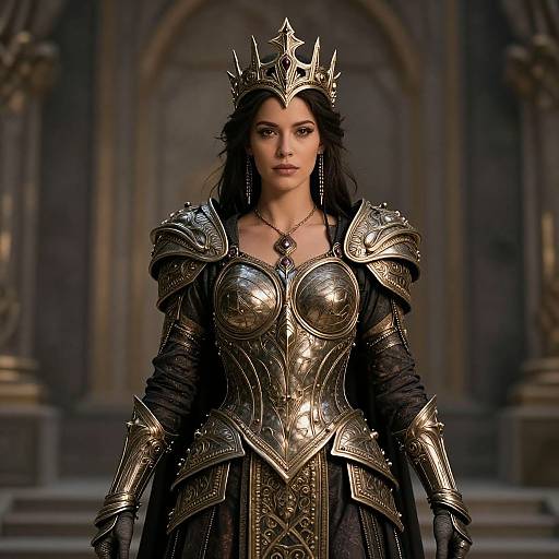 Photorealistic digital art of a dark-haired woman wearing ornate, silver medieval armor with a spiked crown, standing in a grand, dimly lit