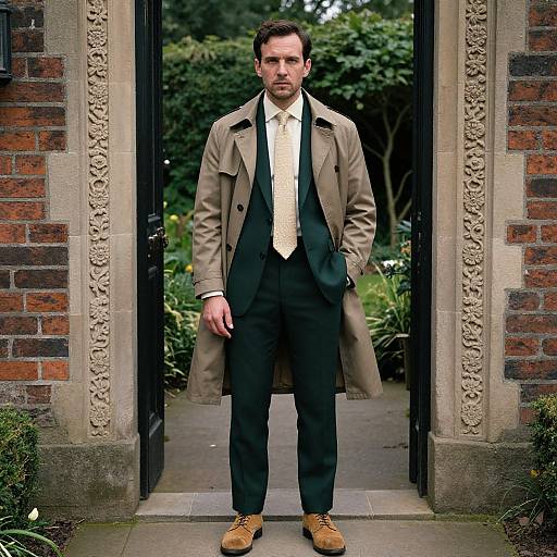 Photograph of a serious, attractive man in a beige trench coat, black suit, white shirt, gold tie, and brown shoes, standing in a